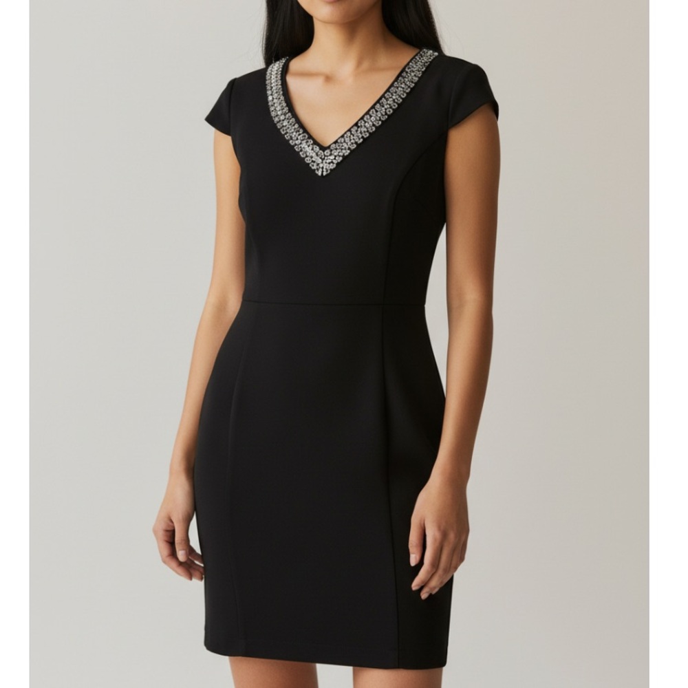 BCBGENERATION black cap sleeve silver deco bead neckline dress small like new